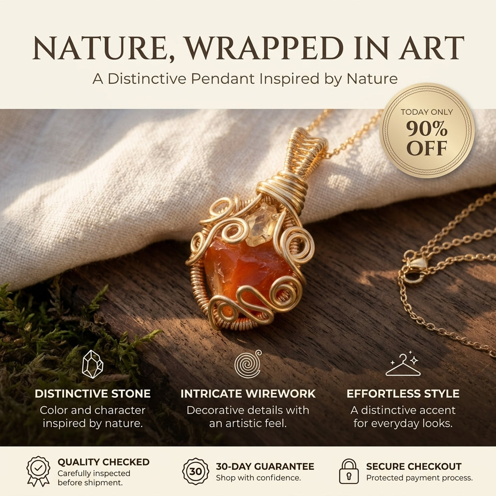 Nature-Inspired Orange Stone Pendant Necklace – Intricate Wire-Wrapped Design Last Day Sale-90% OFF🔥