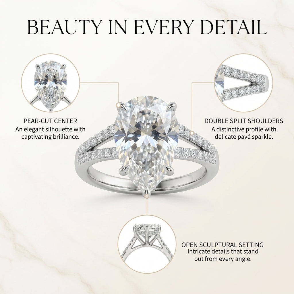 Pear-Shaped Sparkle Engagement Ring – Pavé Split-Shank Silver Ring Last Day Sale-90% OFF🔥
