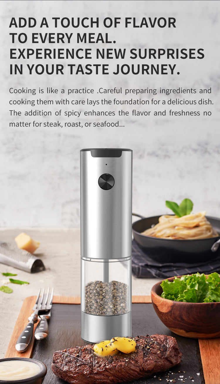 🔥50% OFF Last Day Sale – Stainless Steel Electric Salt & Pepper Grinder Set (2 Grinders + Base)