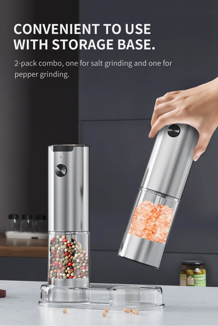 🔥50% OFF Last Day Sale – Stainless Steel Electric Salt & Pepper Grinder Set (2 Grinders + Base)