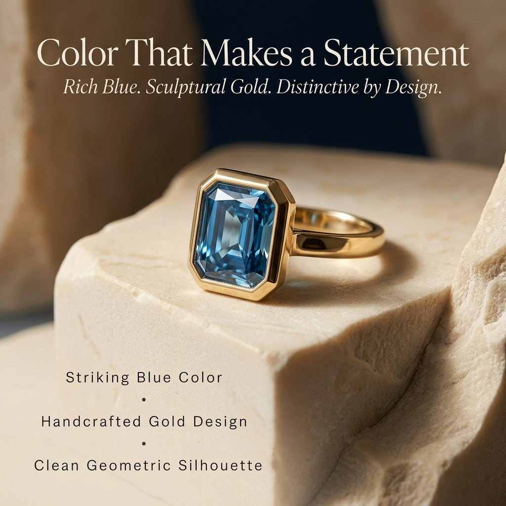 Blue Synthetic Gemstone Gold Bezel Ring – Handcrafted Statement Jewelry Last Day Sale-90% OFF🔥