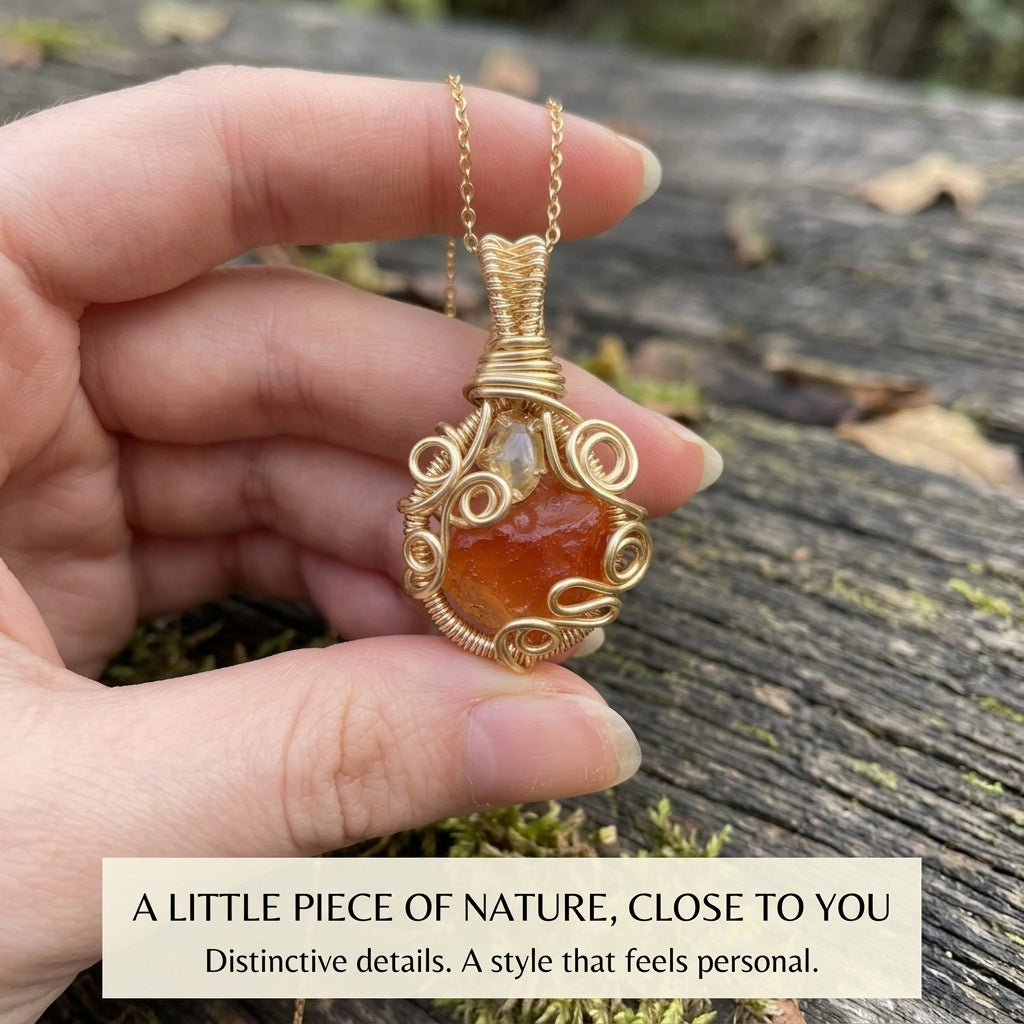Nature-Inspired Orange Stone Pendant Necklace – Intricate Wire-Wrapped Design Last Day Sale-90% OFF🔥
