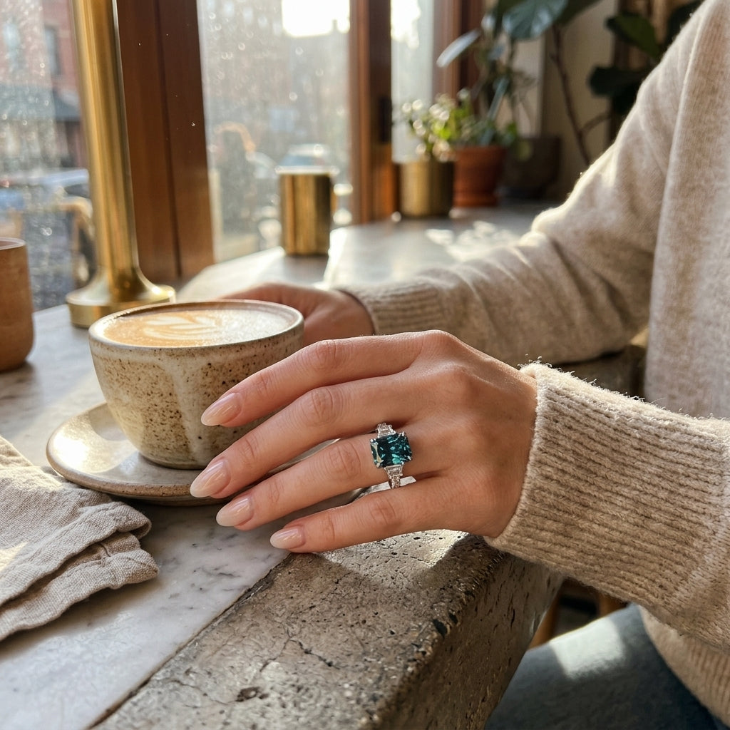 The "Ares" Custom Vivid Teal-Blue Radiant Three-Stone Ring Last Day Sale-90% OFF🔥