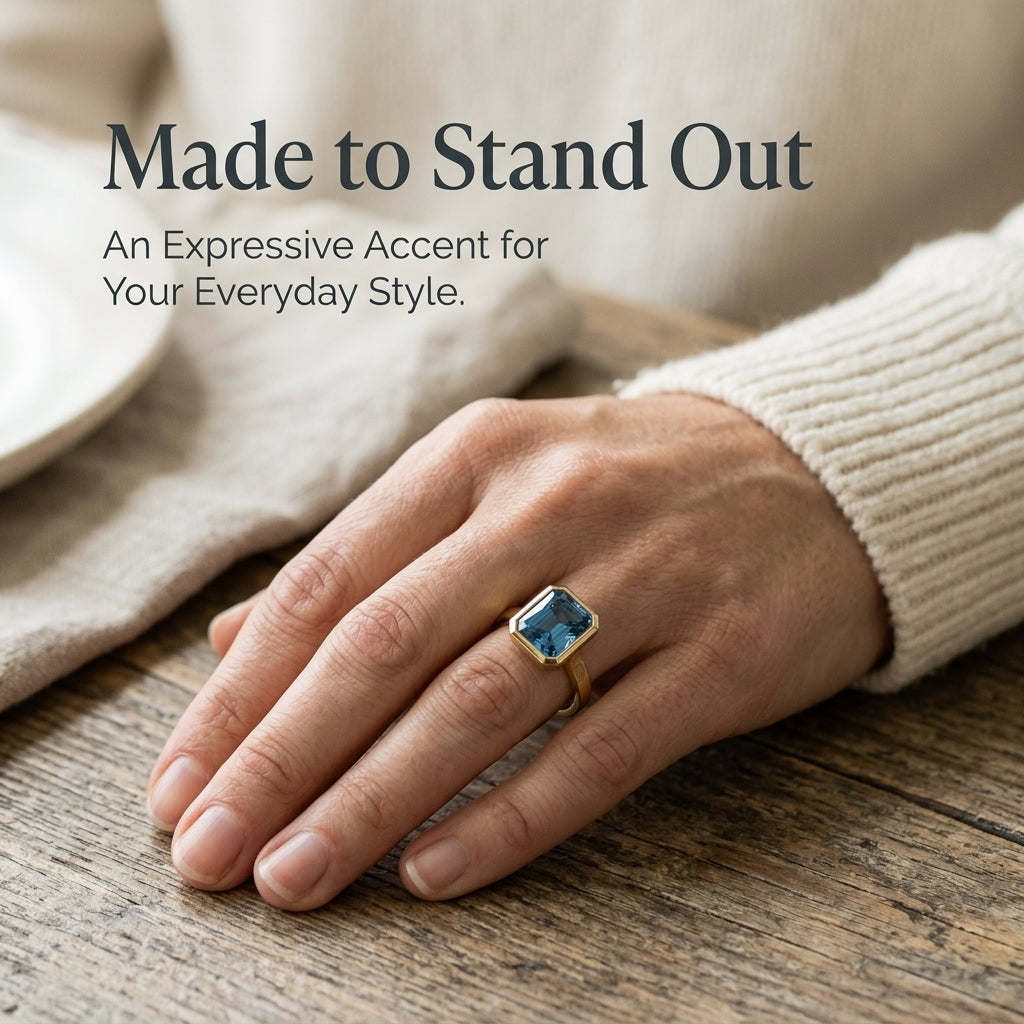 Blue Synthetic Gemstone Gold Bezel Ring – Handcrafted Statement Jewelry Last Day Sale-90% OFF🔥