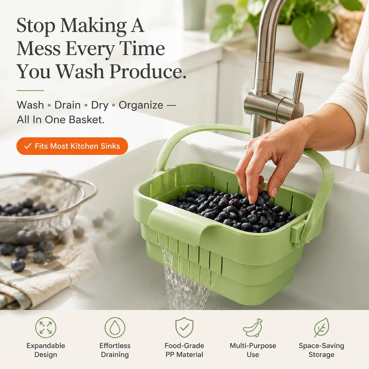 AA Foldable Hanging Kitchen Sink Drain Basket, Stainless Steel Kitchen Accessories - Hands-Free Hygienic Design, High-Efficiency Anti-Clog System, Tool-Free Installation
