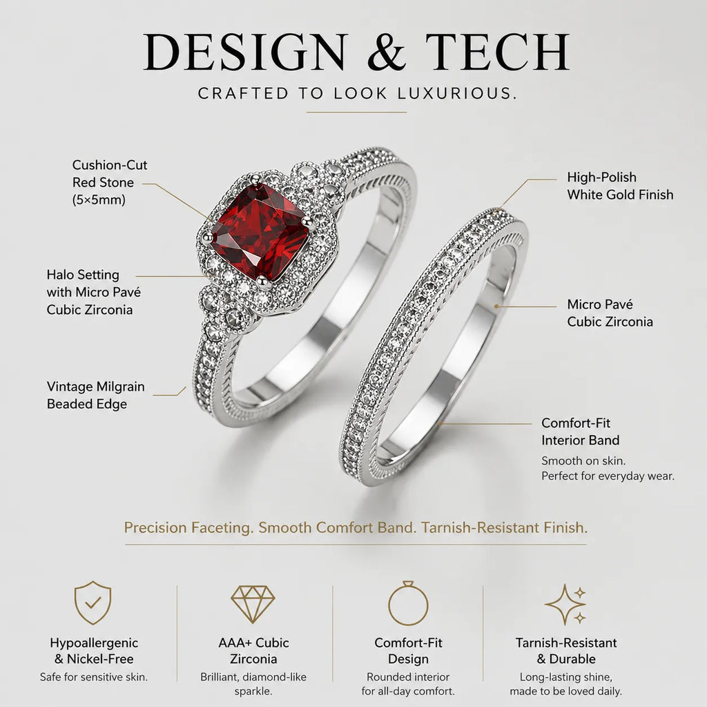 Halo Wedding Ring Sets for Women, Elegant 2-Piece Fashion Engagement Ring & Eternity Band, Bridal Statement Jewelry, Fashion Engagement Rings