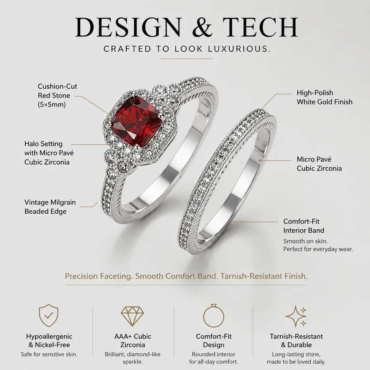 Halo Wedding Ring Sets for Women, Elegant 2-Piece Fashion Engagement Ring & Eternity Band, Bridal Statement Jewelry, Fashion Engagement Rings