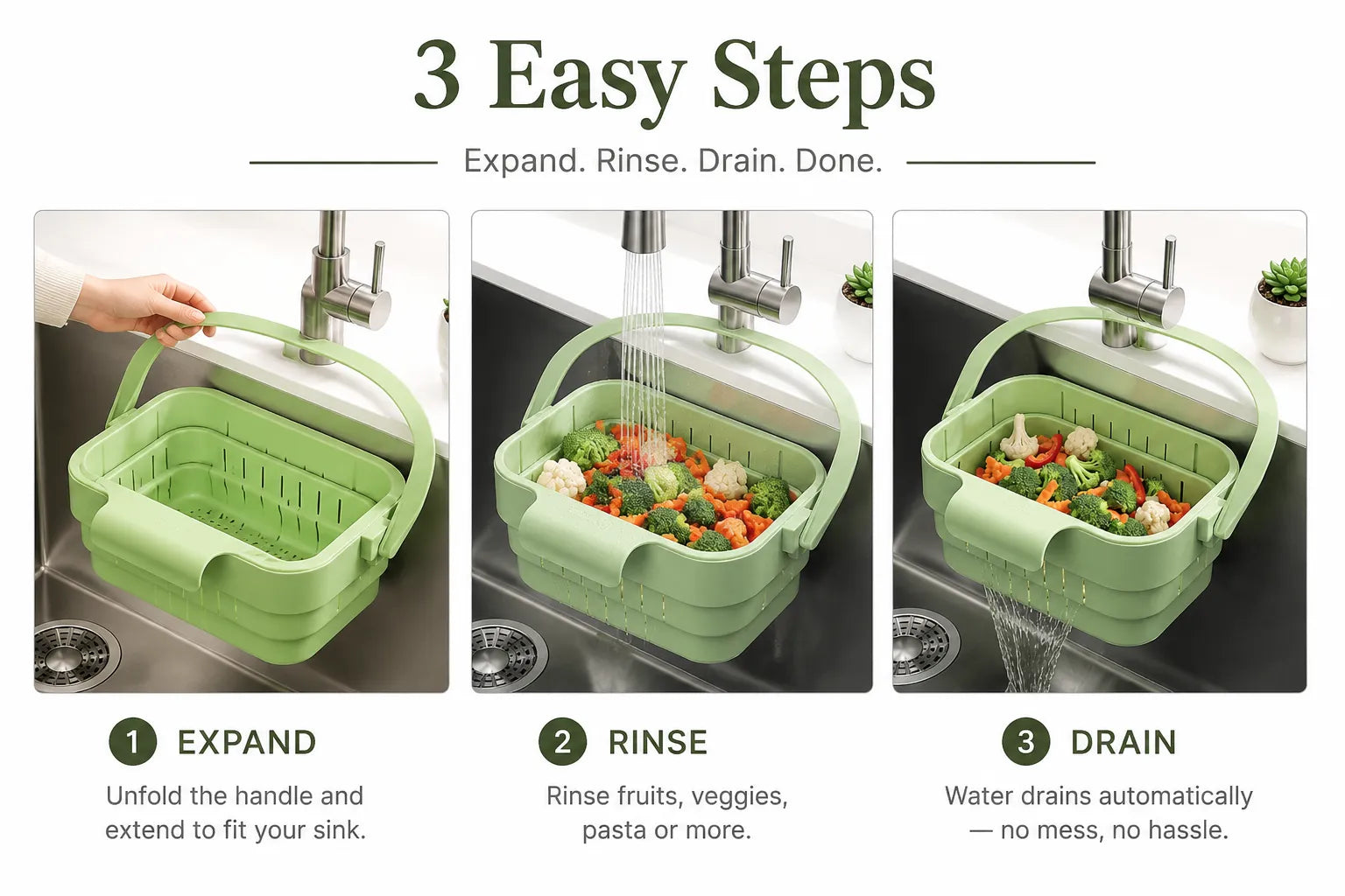AA Foldable Hanging Kitchen Sink Drain Basket, Stainless Steel Kitchen Accessories - Hands-Free Hygienic Design, High-Efficiency Anti-Clog System, Tool-Free Installation