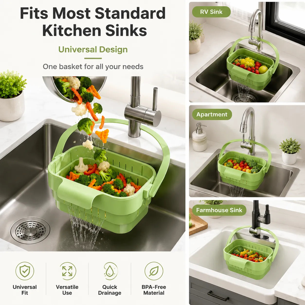 AA Foldable Hanging Kitchen Sink Drain Basket, Stainless Steel Kitchen Accessories - Hands-Free Hygienic Design, High-Efficiency Anti-Clog System, Tool-Free Installation