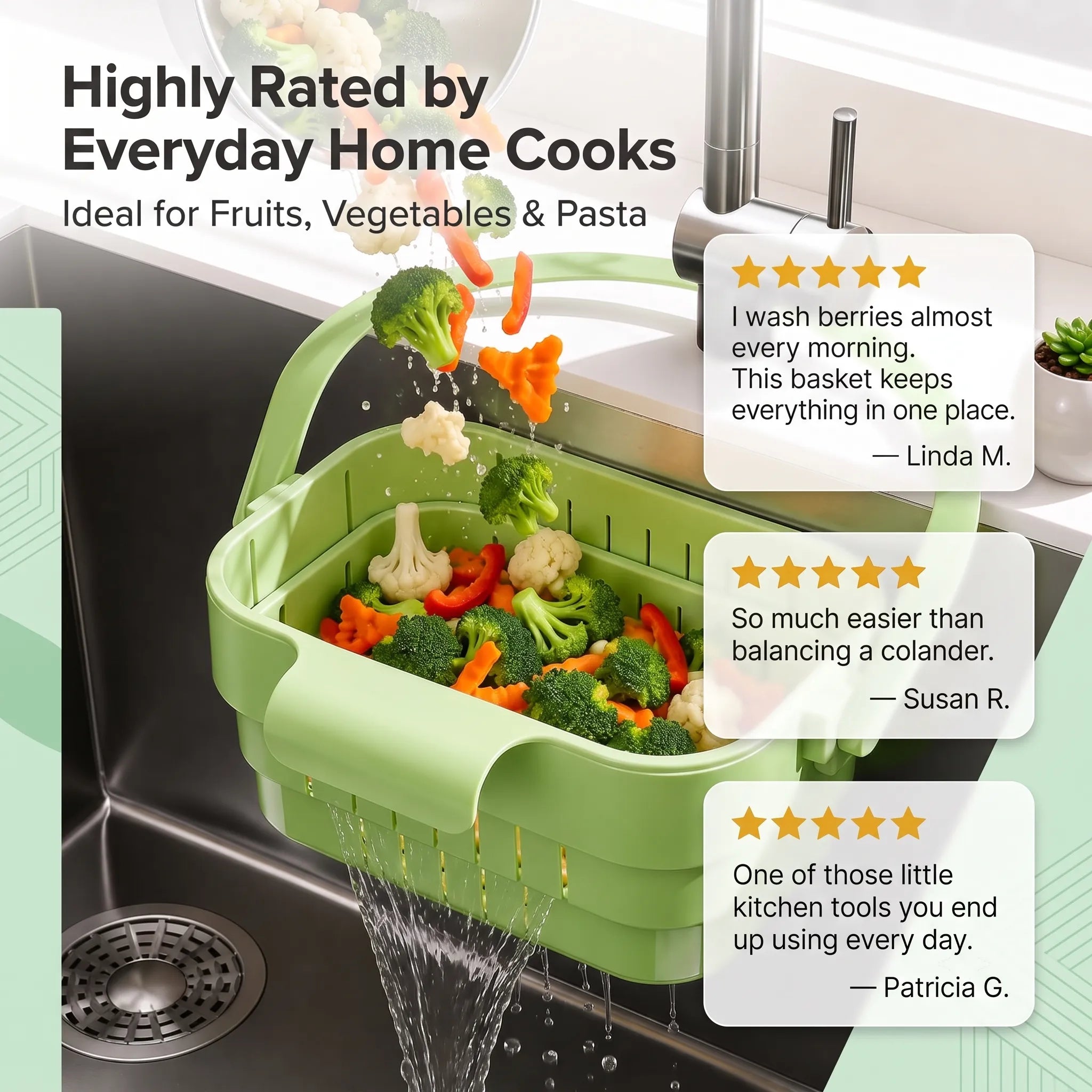 AA Foldable Hanging Kitchen Sink Drain Basket, Stainless Steel Kitchen Accessories - Hands-Free Hygienic Design, High-Efficiency Anti-Clog System, Tool-Free Installation