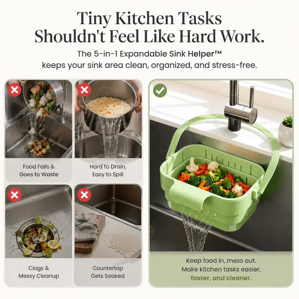 AA Foldable Hanging Kitchen Sink Drain Basket, Stainless Steel Kitchen Accessories - Hands-Free Hygienic Design, High-Efficiency Anti-Clog System, Tool-Free Installation