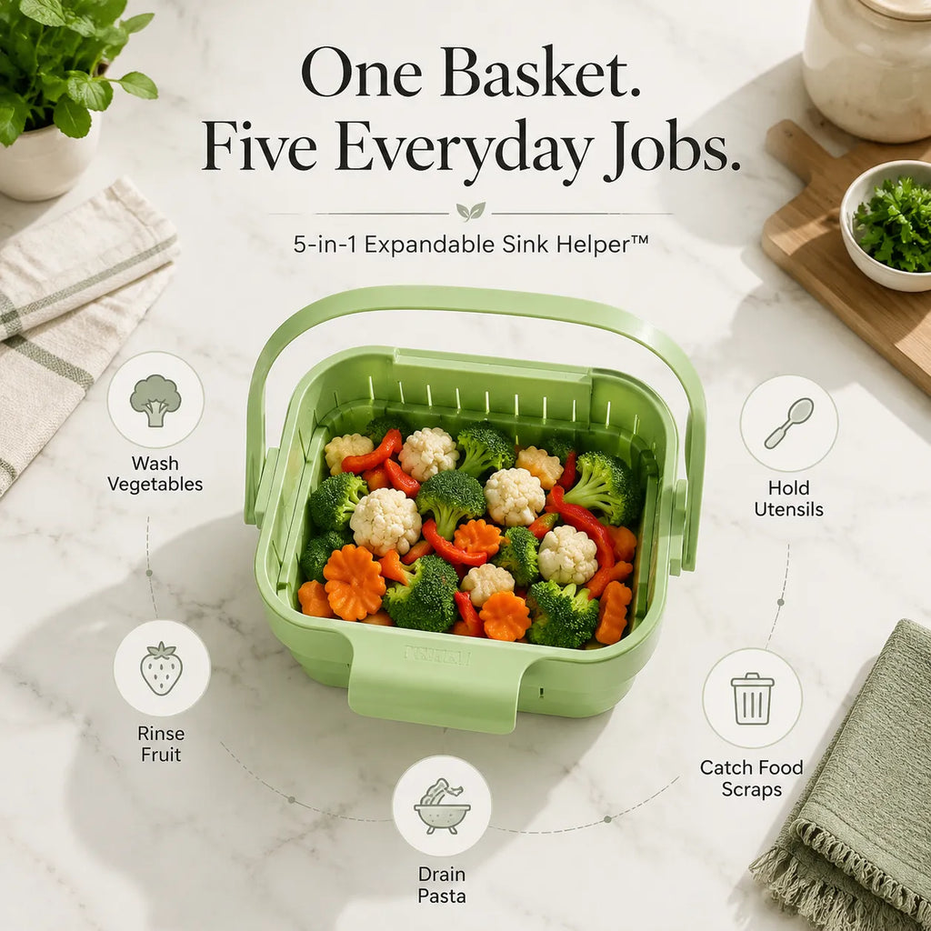 AA Foldable Hanging Kitchen Sink Drain Basket, Stainless Steel Kitchen Accessories - Hands-Free Hygienic Design, High-Efficiency Anti-Clog System, Tool-Free Installation