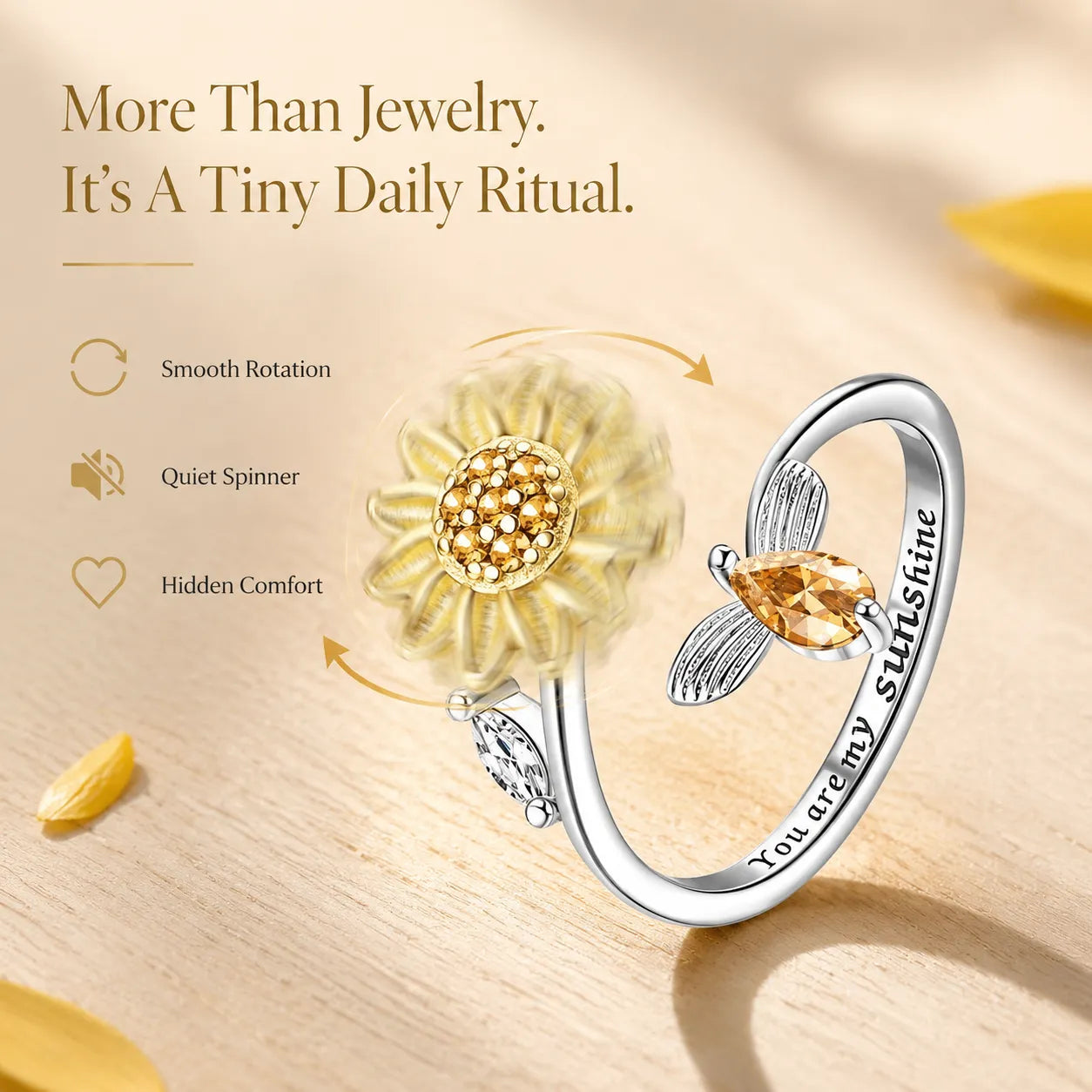 🔥50% OFF Last Day Sale Sunflower Spinner Ring – Adjustable 925 Sterling Silver Open Ring With Smooth Rotating Flower