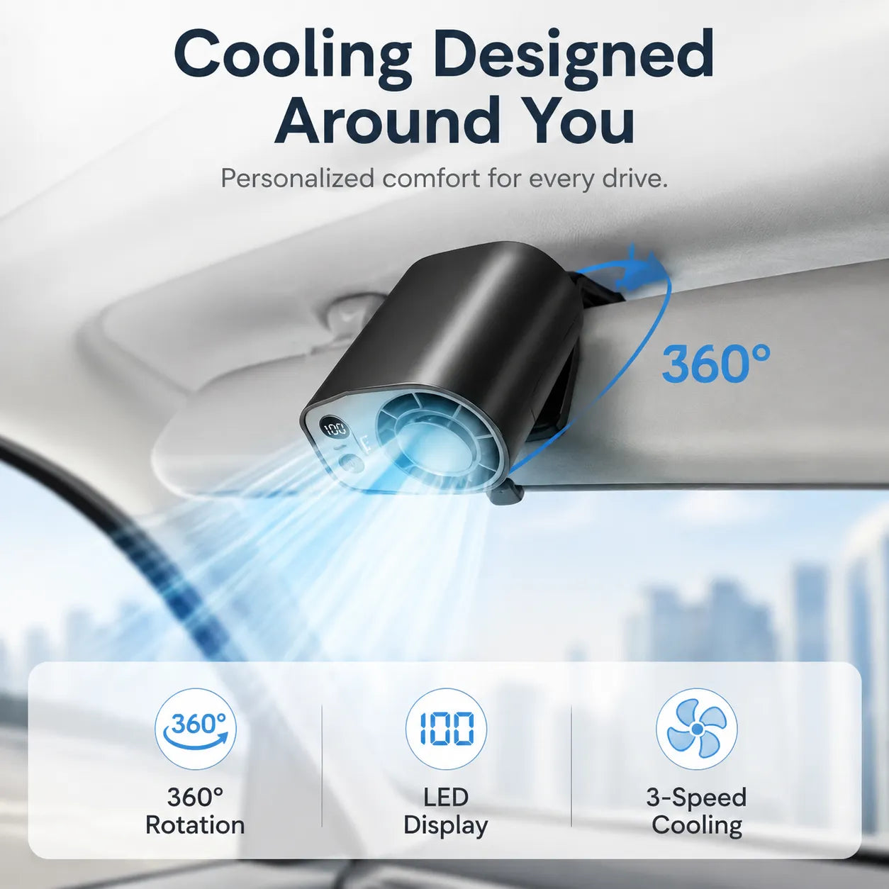 360° Car Vent Cooling Fan with LED Display