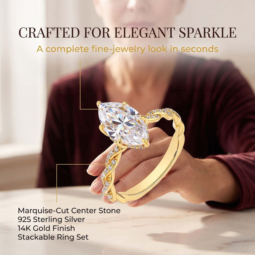 🔥90% OFF Last Day Sale Marquise Moissanite Ring Set – 925 Sterling Silver & 14K Gold Finish, 100% Passes Diamond Tester, Dream Ring Sparkle for Anniversaries & Self-Reward