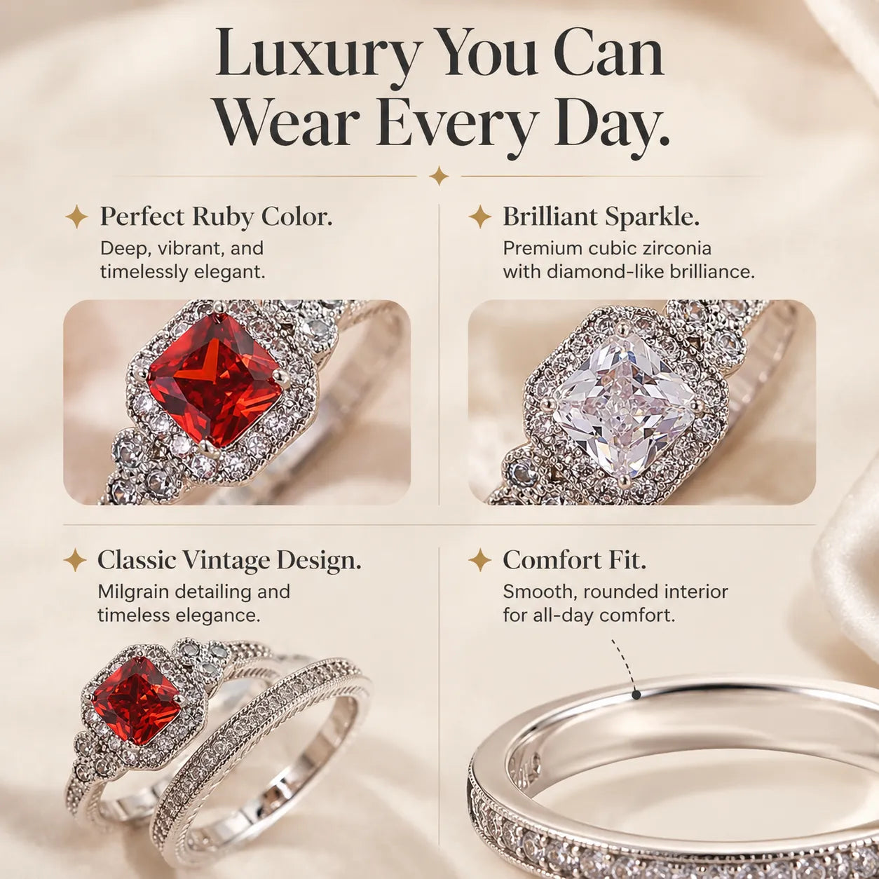 Halo Wedding Ring Sets for Women, Elegant 2-Piece Fashion Engagement Ring & Eternity Band, Bridal Statement Jewelry, Fashion Engagement Rings