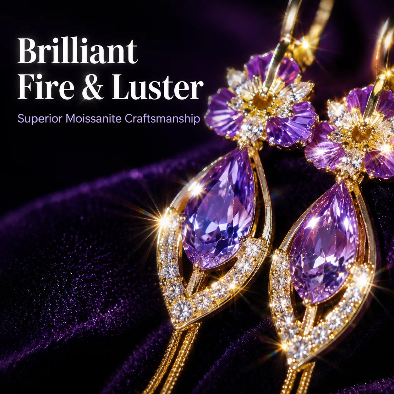 Elegant Purple Moissanite Flower & Tassel Drop Earrings for Women - Lightweight & Hypoallergenic-Last Day Sale-90% OFF🔥