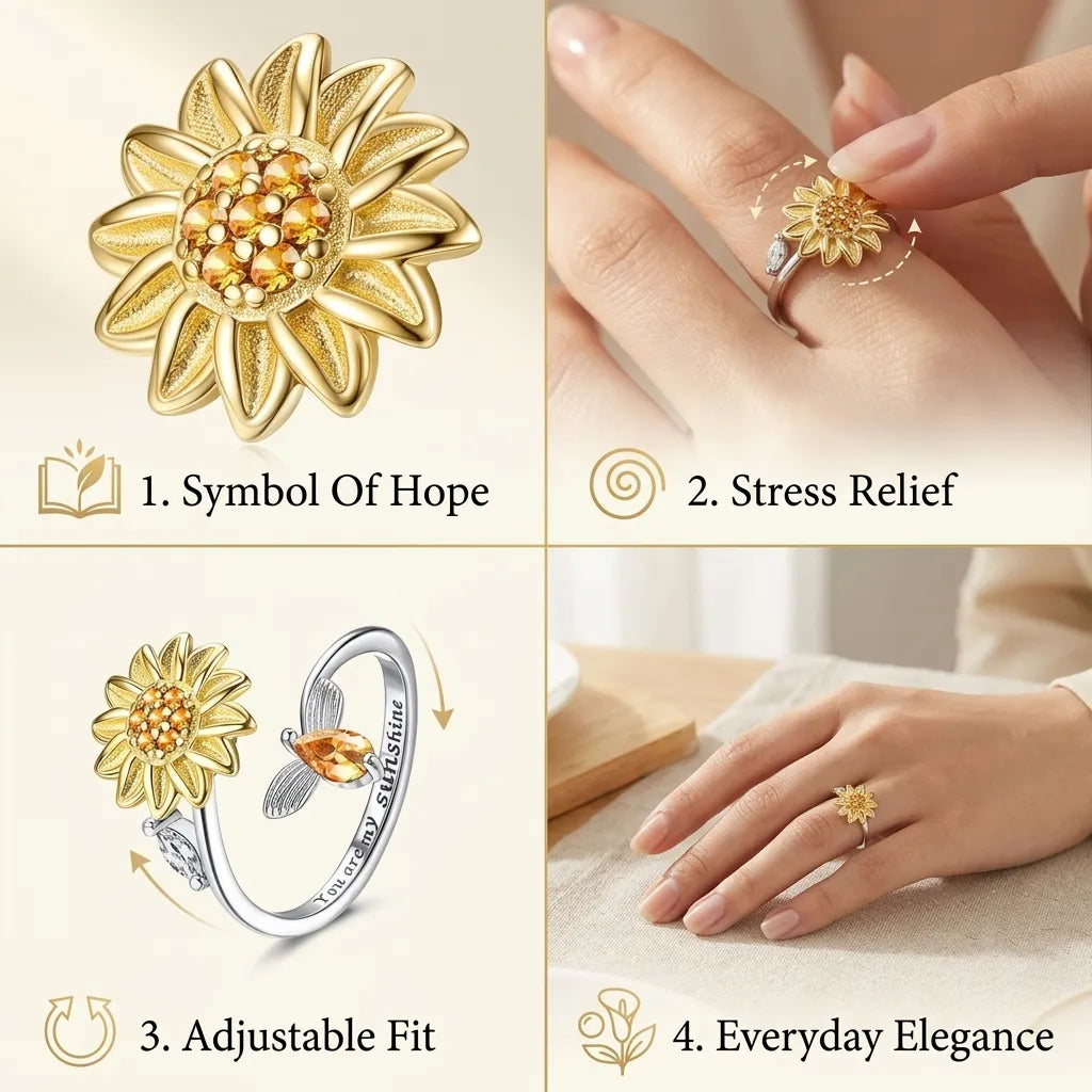 🔥50% OFF Last Day Sale Sunflower Spinner Ring – Adjustable 925 Sterling Silver Open Ring With Smooth Rotating Flower
