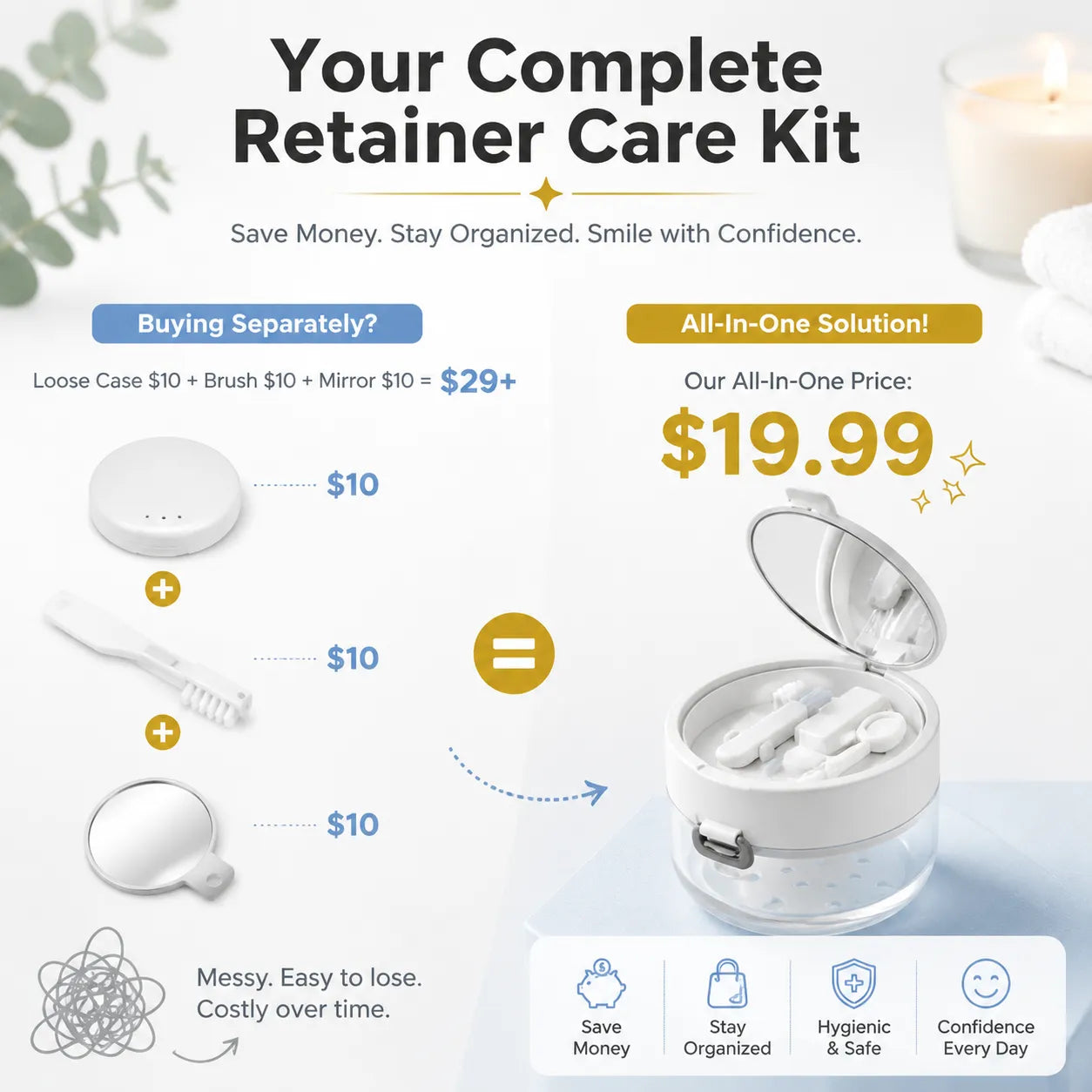 Dental Retainer Storage Box With Mirror And Brush Integrated Organizer Case For Braces Cleaning Storage