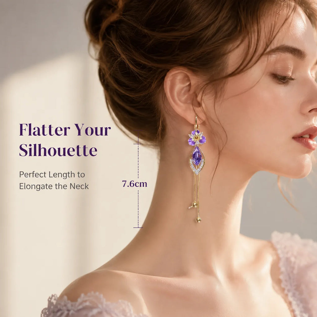 Elegant Purple Moissanite Flower & Tassel Drop Earrings for Women - Lightweight & Hypoallergenic-Last Day Sale-90% OFF🔥