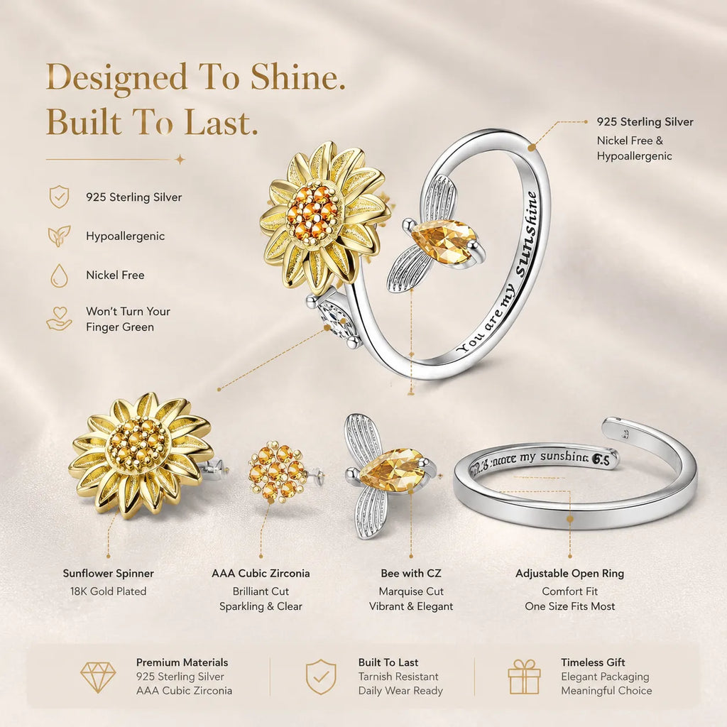 🔥50% OFF Last Day Sale Sunflower Spinner Ring – Adjustable 925 Sterling Silver Open Ring With Smooth Rotating Flower
