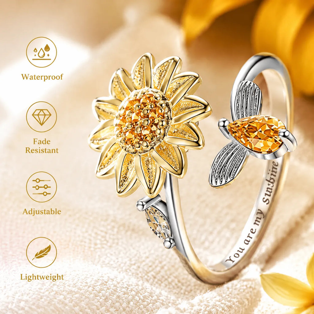 🔥50% OFF Last Day Sale Sunflower Spinner Ring – Adjustable 925 Sterling Silver Open Ring With Smooth Rotating Flower