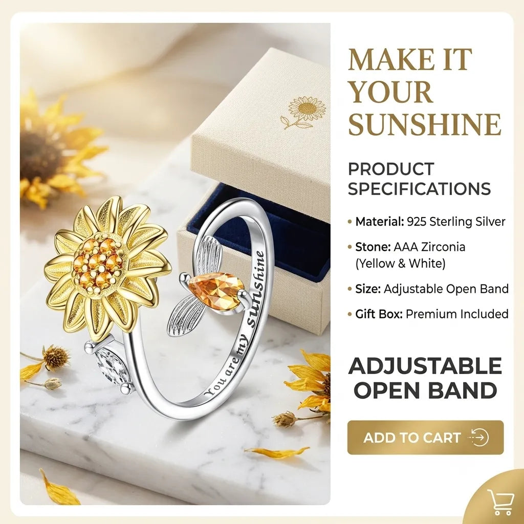 🔥50% OFF Last Day Sale Sunflower Spinner Ring – Adjustable 925 Sterling Silver Open Ring With Smooth Rotating Flower