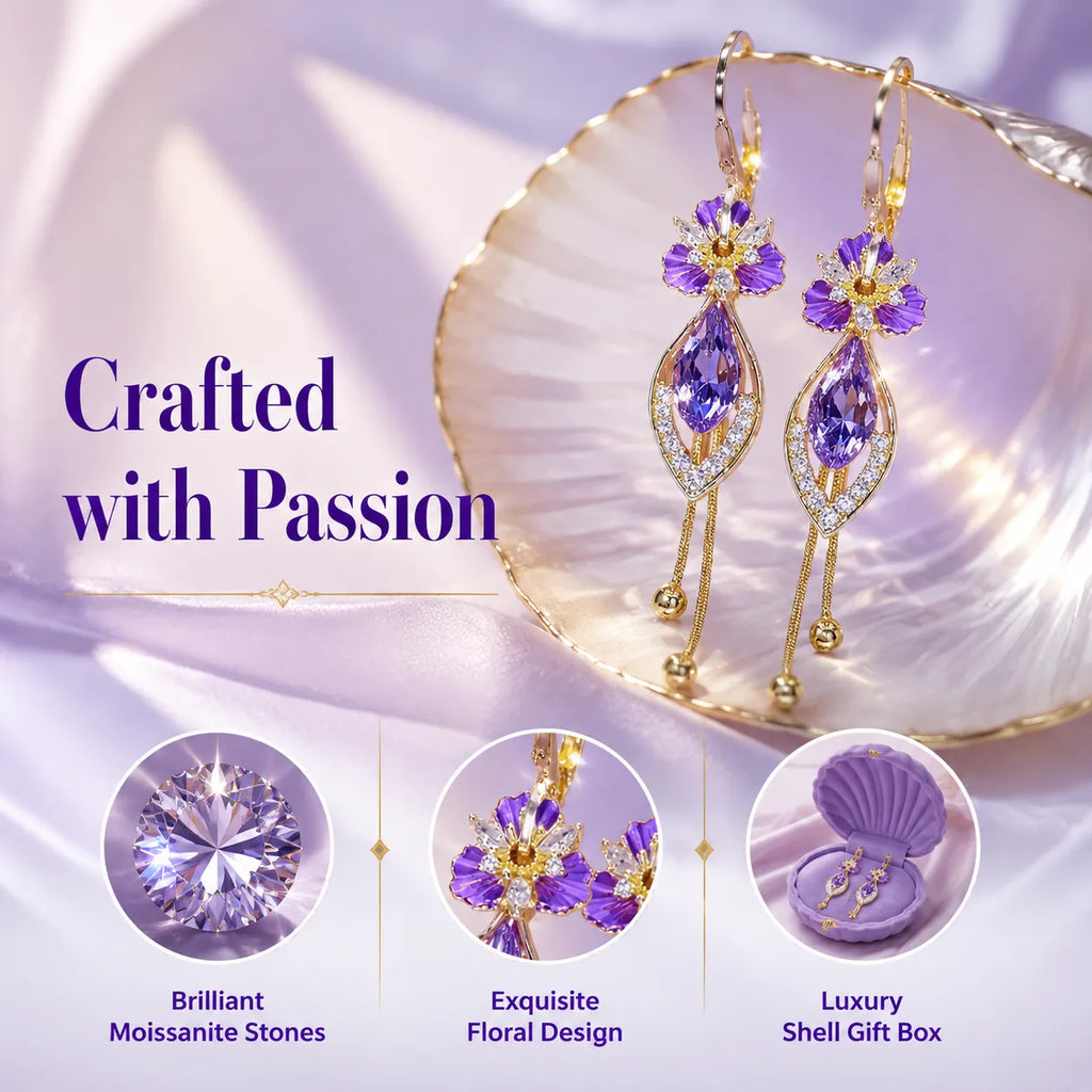 Elegant Purple Moissanite Flower & Tassel Drop Earrings for Women - Lightweight & Hypoallergenic-Last Day Sale-90% OFF🔥