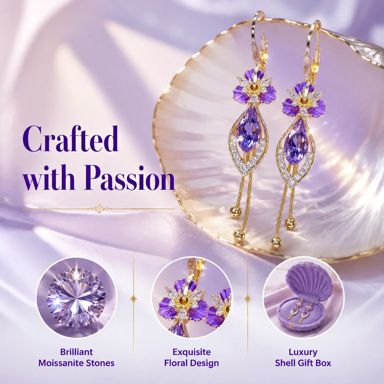 Elegant Purple Moissanite Flower & Tassel Drop Earrings for Women - Lightweight & Hypoallergenic-Last Day Sale-90% OFF🔥
