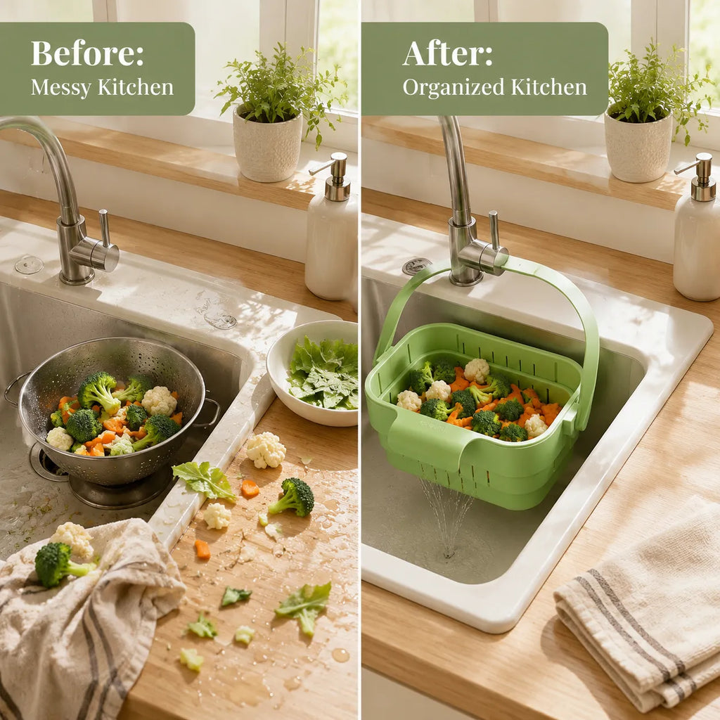AA Foldable Hanging Kitchen Sink Drain Basket, Stainless Steel Kitchen Accessories - Hands-Free Hygienic Design, High-Efficiency Anti-Clog System, Tool-Free Installation