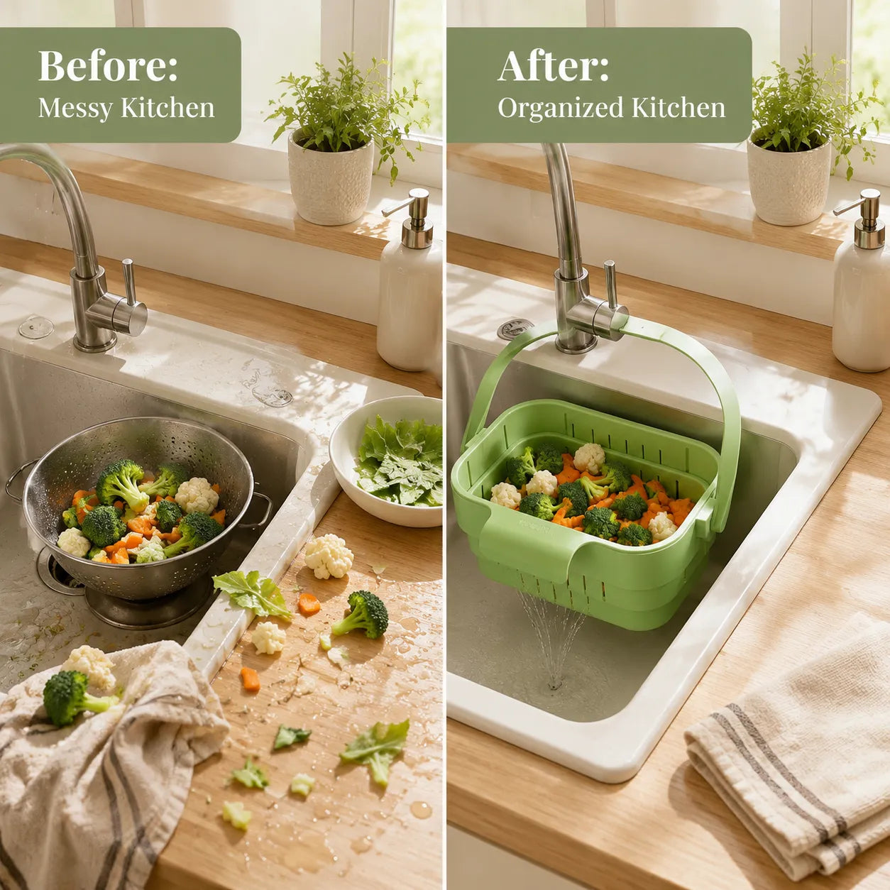 AA Foldable Hanging Kitchen Sink Drain Basket, Stainless Steel Kitchen Accessories - Hands-Free Hygienic Design, High-Efficiency Anti-Clog System, Tool-Free Installation