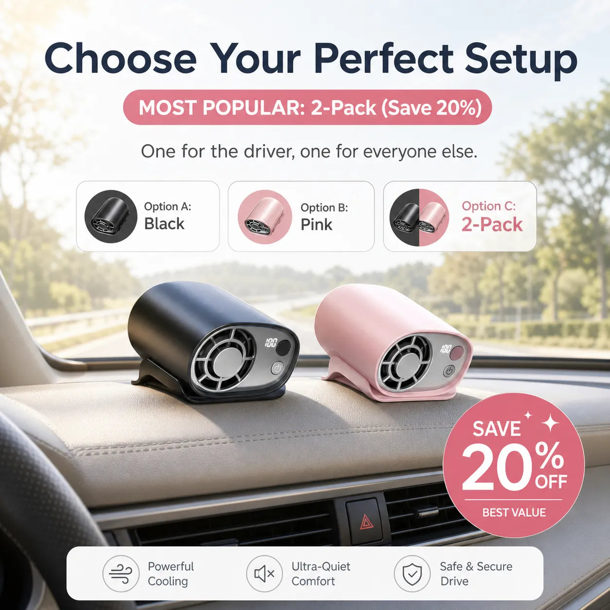 360° Car Vent Cooling Fan with LED Display