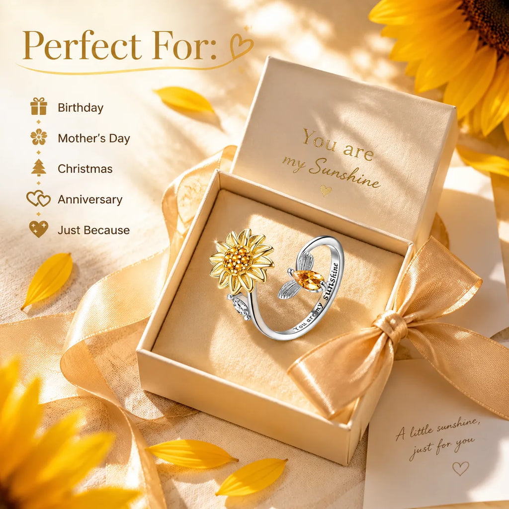 🔥50% OFF Last Day Sale Sunflower Spinner Ring – Adjustable 925 Sterling Silver Open Ring With Smooth Rotating Flower