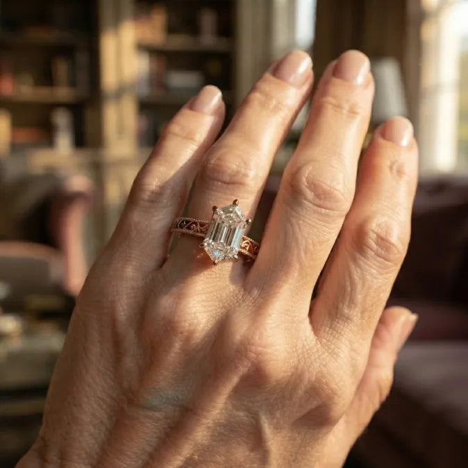 3.0ct Vintage Engraved Moissanite Ring with Hidden Rainbow Arch