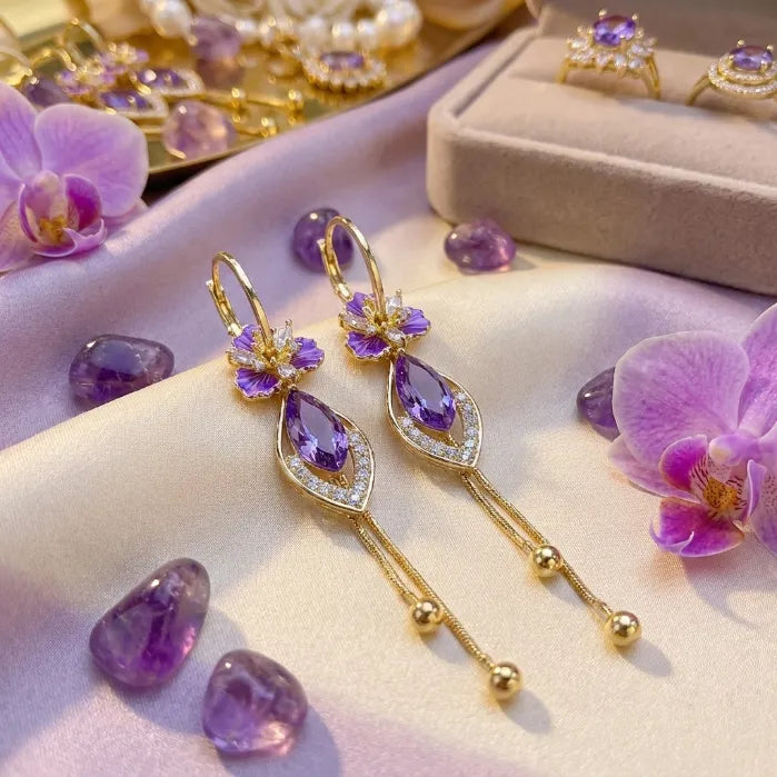 Elegant Purple Moissanite Flower & Tassel Drop Earrings for Women - Lightweight & Hypoallergenic-Last Day Sale-90% OFF🔥