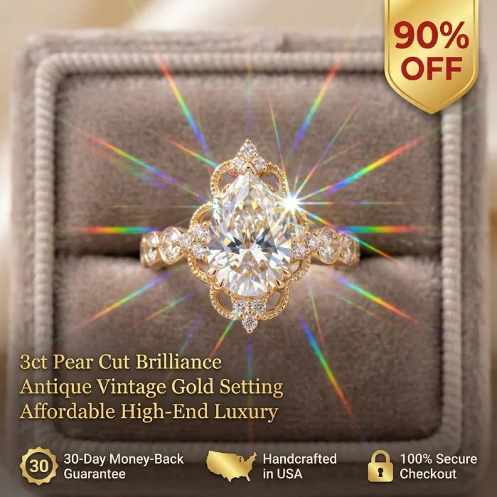 The Royal Vintage Pear Ring – 3ct D-Color Sparkle in 18K Gold Filigree