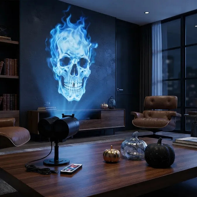 Dual-Lens Holographic Halloween Projector – 30-Second Plug & Play Ghost & Skull Light for Indoor & Outdoor Decor
