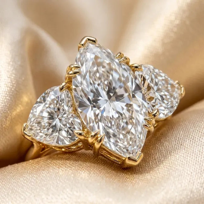Grand Marquise & Double Heart Statement Ring — Handcrafted Vintage Floral Engraving & V-Claw Protection