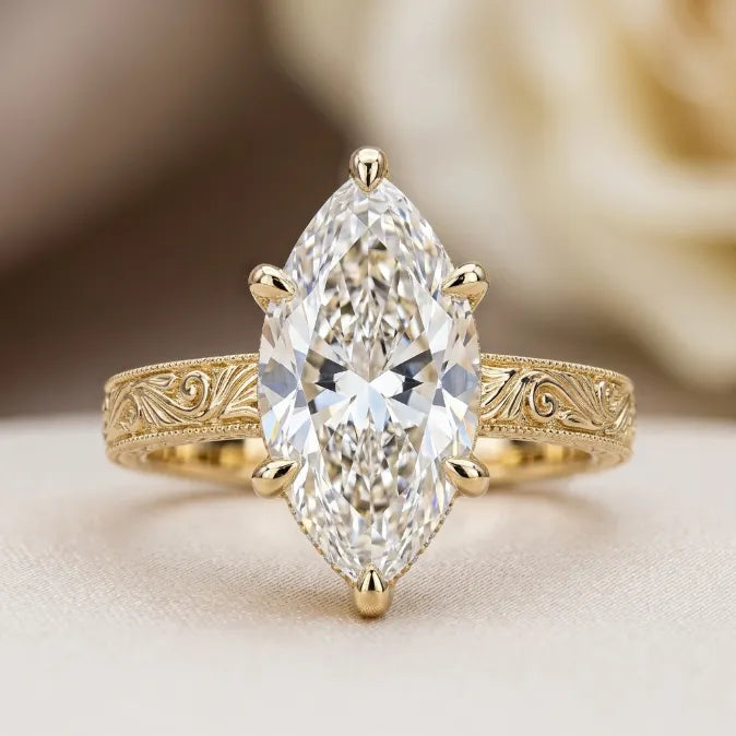 The Empress Marquise-Vintage Hand-Engraved Ring with Hidden Halo
