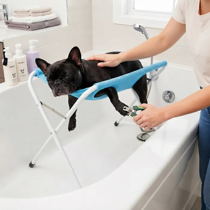 Foldable Pet Grooming & Bathing Stand – Portable Anti-Sway Bath Hammock Station with Harness for Cats & Small Dogs