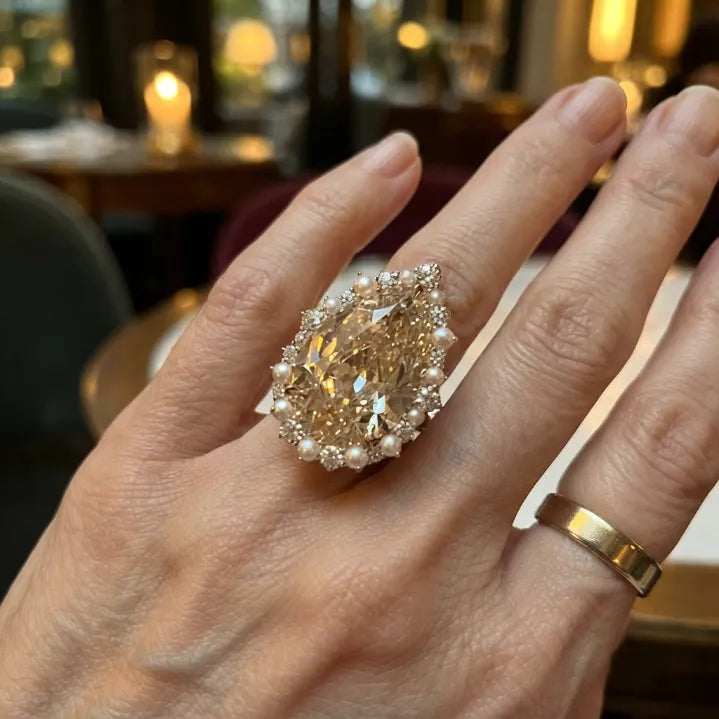 The Royal Champagne Pear-Cut Statement Ring | Double Halo Cocktail Ring