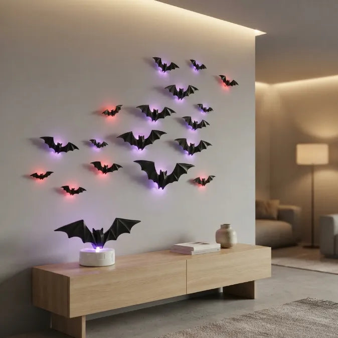 Light-Up 3D Halloween Bat Wall Decals with Twinkling LED Lights – 100% Wall-Safe & Reusable