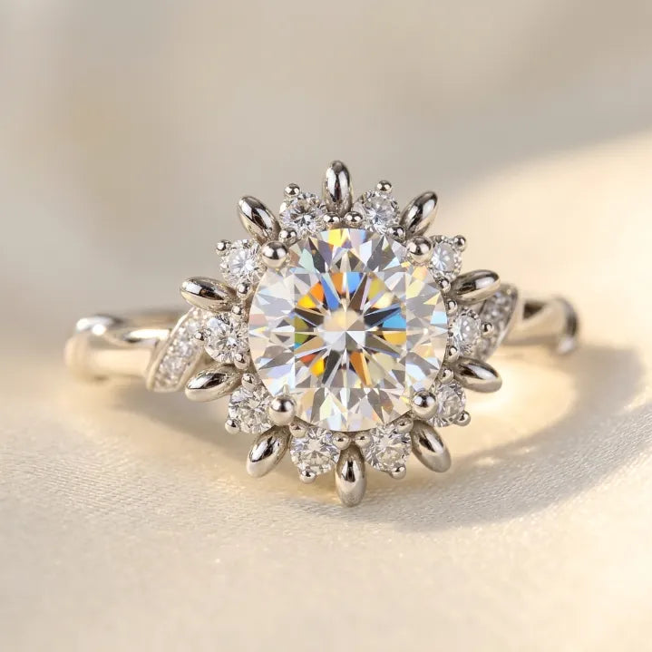 Handcrafted Vine Halo Moissanite Ring – 2.65 Refractive Index Sparkle, Hypoallergenic Comfort Fit