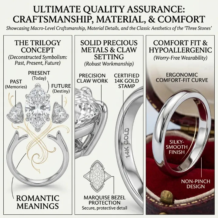 Marquise Cut Three-Stone Moissanite Ring – Effortless Elegance & Comfort Fit