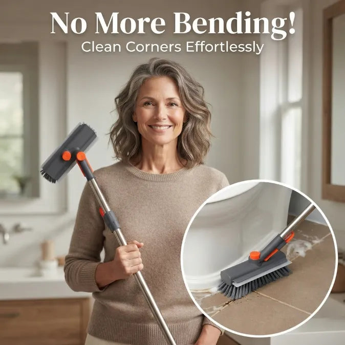 3-in-1 Long Handle Scrub Brush with Squeegee - Ergonomic L-Shaped Floor & Tile Scrubber for Bathroom, Shower, Grout & Baseboards (No Bending Required)