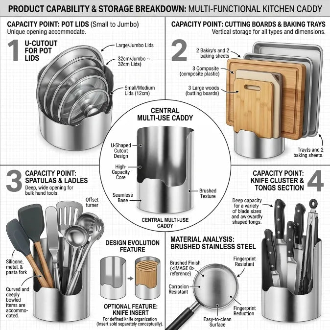 Heavy-Duty Stainless Steel Kitchen Utensil Holder & Pot Lid Rest Stand – 5-in-1 Countertop Spoon Rack & Cutting Board Organizer