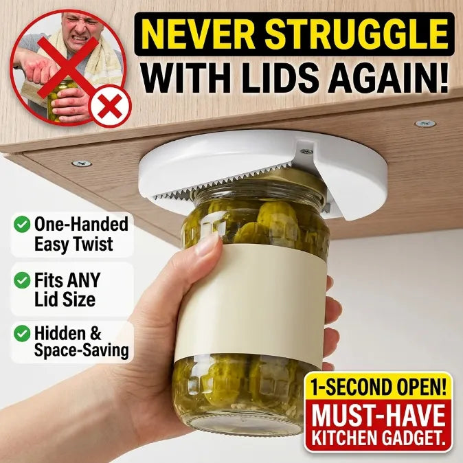 Under-Cabinet Jar Opener - Effortless 1-Second Lid Remover for Weak Hands & Arthritis (Concealed Space-Saving Design)