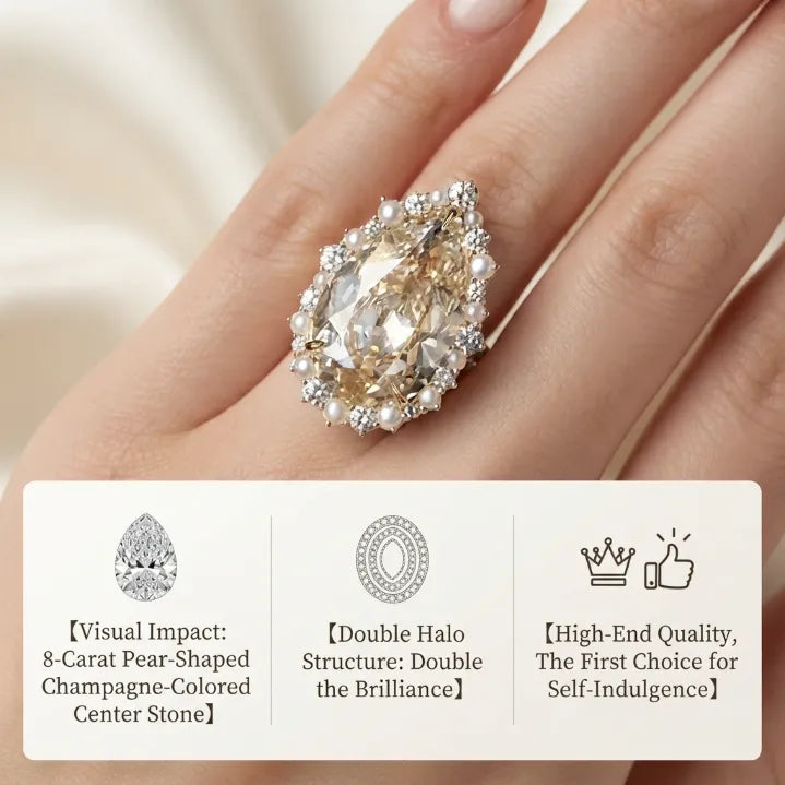 The Royal Champagne Pear-Cut Statement Ring | Double Halo Cocktail Ring