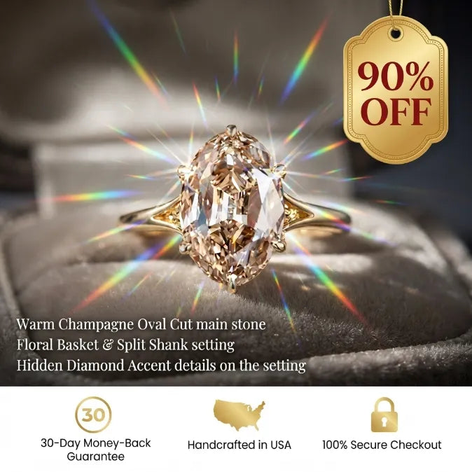 3.0ct Vintage Champagne Oval Ring with Floral Basket & Hidden Diamond