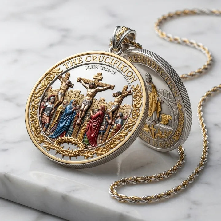 Crucifixion & Resurrection Dual-Sided Faith Pendant – Antique Gold Religious Memorial Necklace with Gift Box